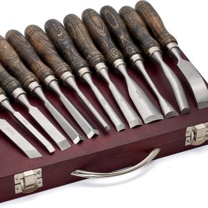 SELFIE CAT 12 Piece Wood Chisel Set for Woodworking Tools Wood Carving Tools with Wooden Case Wood Carving Kit for Beginners and Professionals Black Walnut